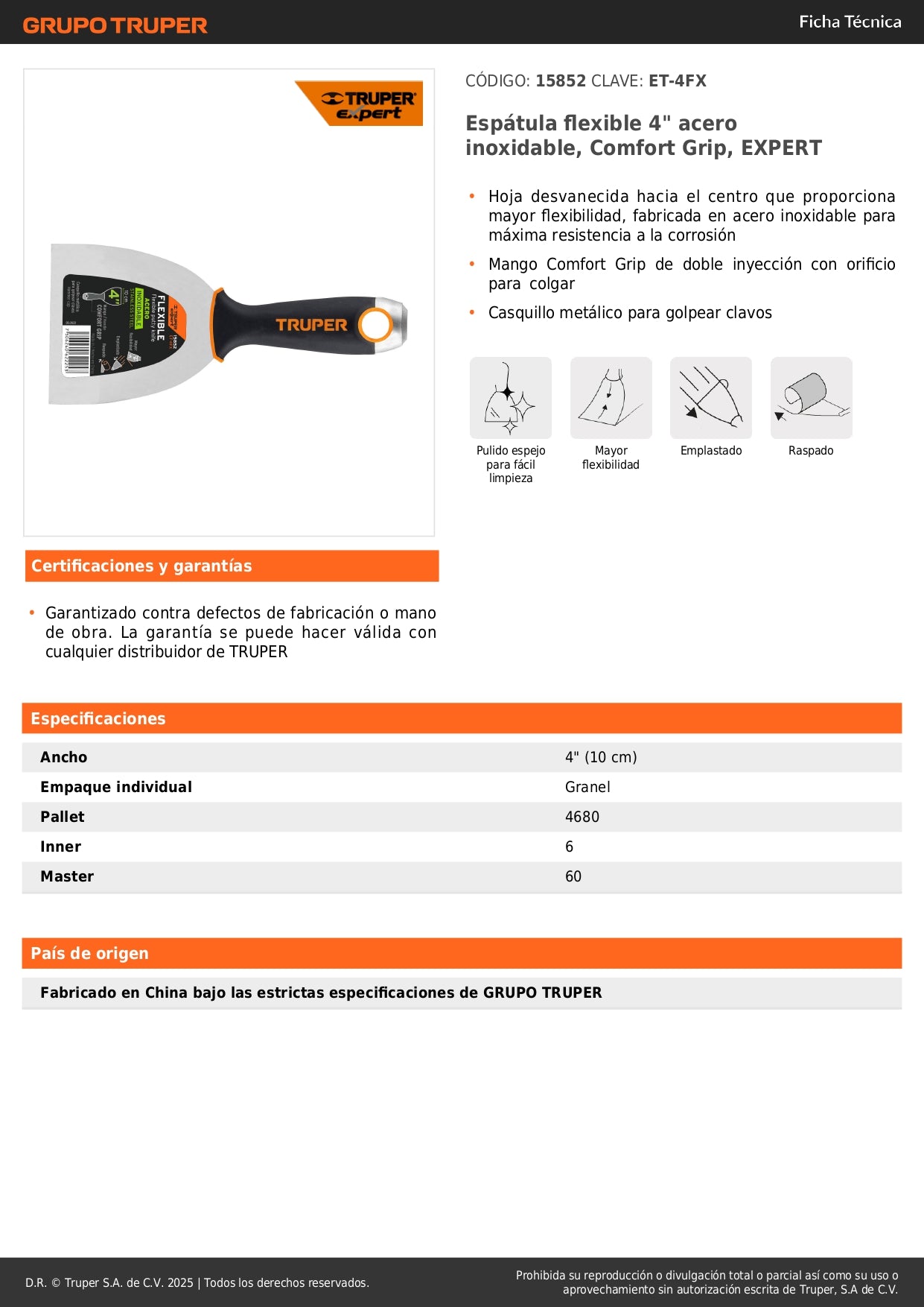Espátula Flexible 4 Pulgadas Acero Inoxidable ET-4FX EXPERT - Comfort Grip Anticorrosión para Aplicación Precisa de Masilla y Acabados Profesionales