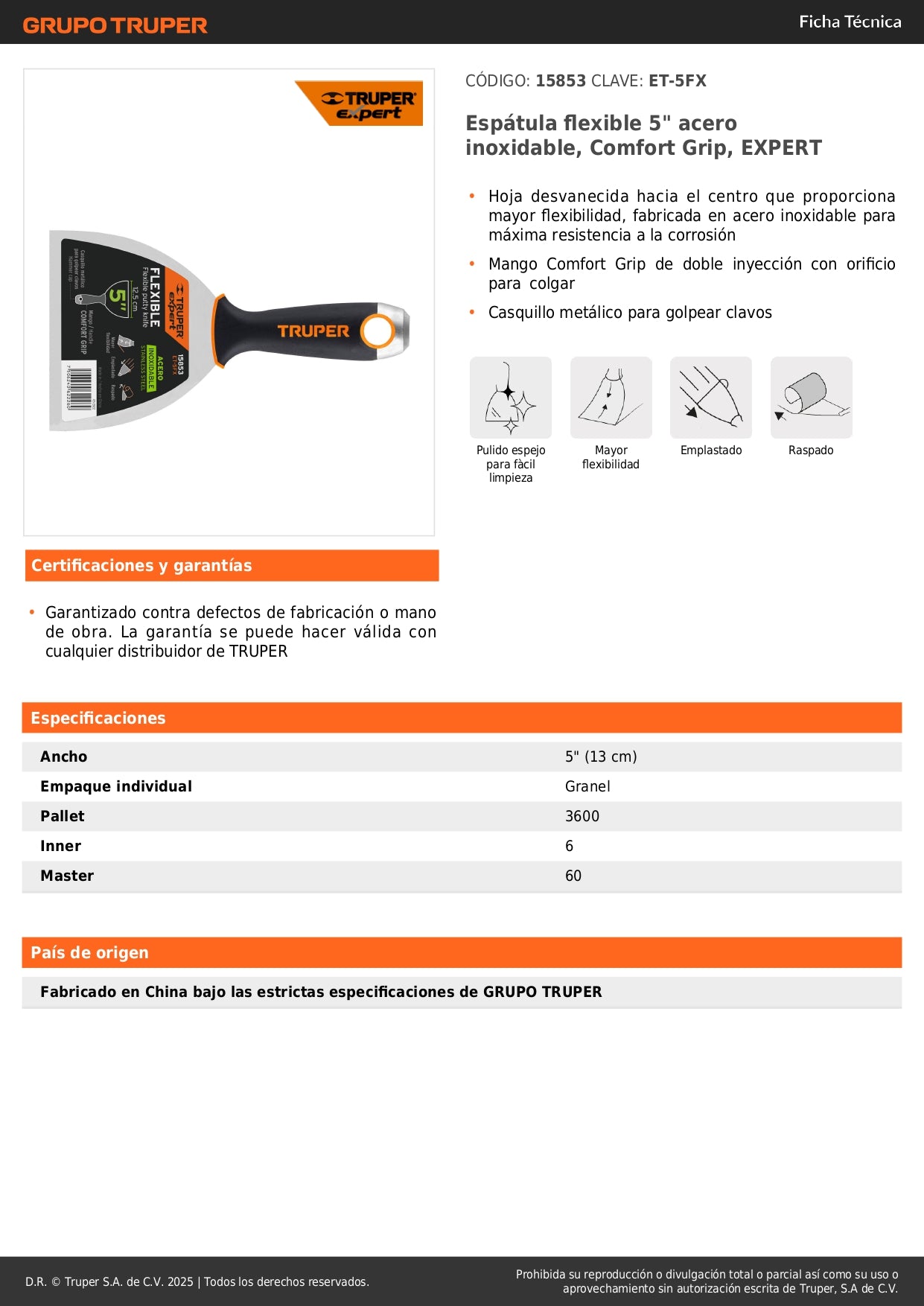 Espátula Flexible 5 Pulgadas Acero Inoxidable ET-5FX EXPERT - Comfort Grip Antideslizante para Aplicación Precisa de Masilla y Reparaciones Profesionales