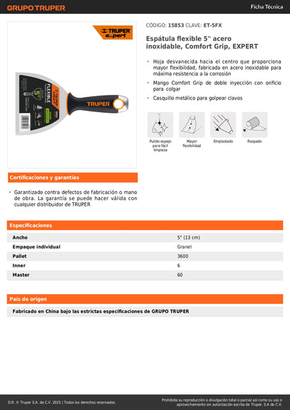 Espátula Flexible 5 Pulgadas Acero Inoxidable ET-5FX EXPERT - Comfort Grip Antideslizante para Aplicación Precisa de Masilla y Reparaciones Profesionales