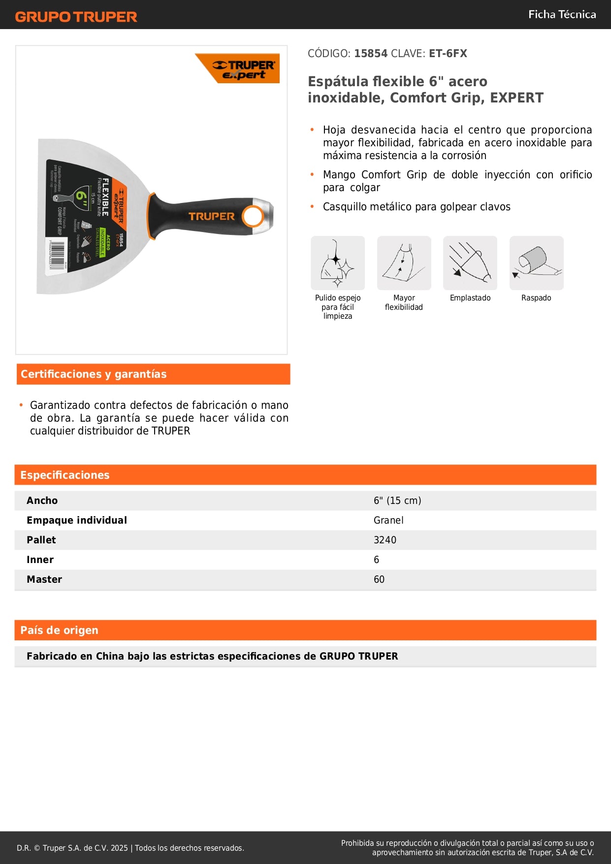 Espátula Flexible 6" Acero Inoxidable ET-6FX EXPERT - Comfort Grip Antideslizante para Trabajos de Precisión y Acabados Profesionales