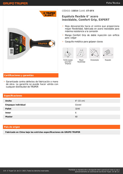 Espátula Flexible 6" Acero Inoxidable ET-6FX EXPERT - Comfort Grip Antideslizante para Trabajos de Precisión y Acabados Profesionales