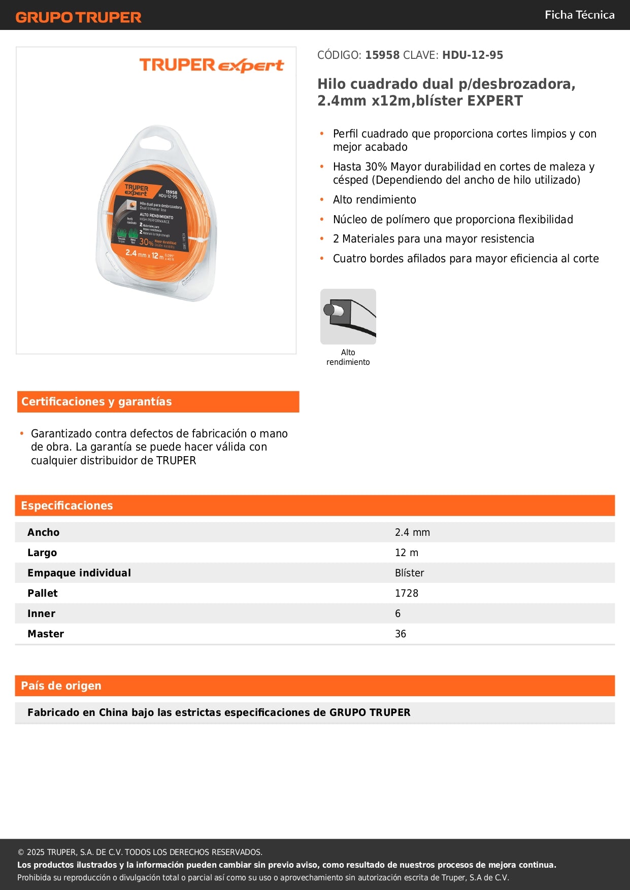 Hilo cuadrado dual p/desbrozadora, 2.4mm x12m,blíster EXPERT