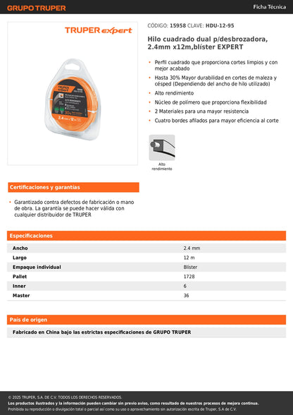 Hilo cuadrado dual p/desbrozadora, 2.4mm x12m,blíster EXPERT