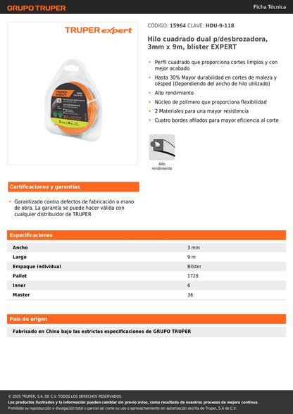 Hilo cuadrado dual p/desbrozadora, 3mm x 9m, blíster EXPERT