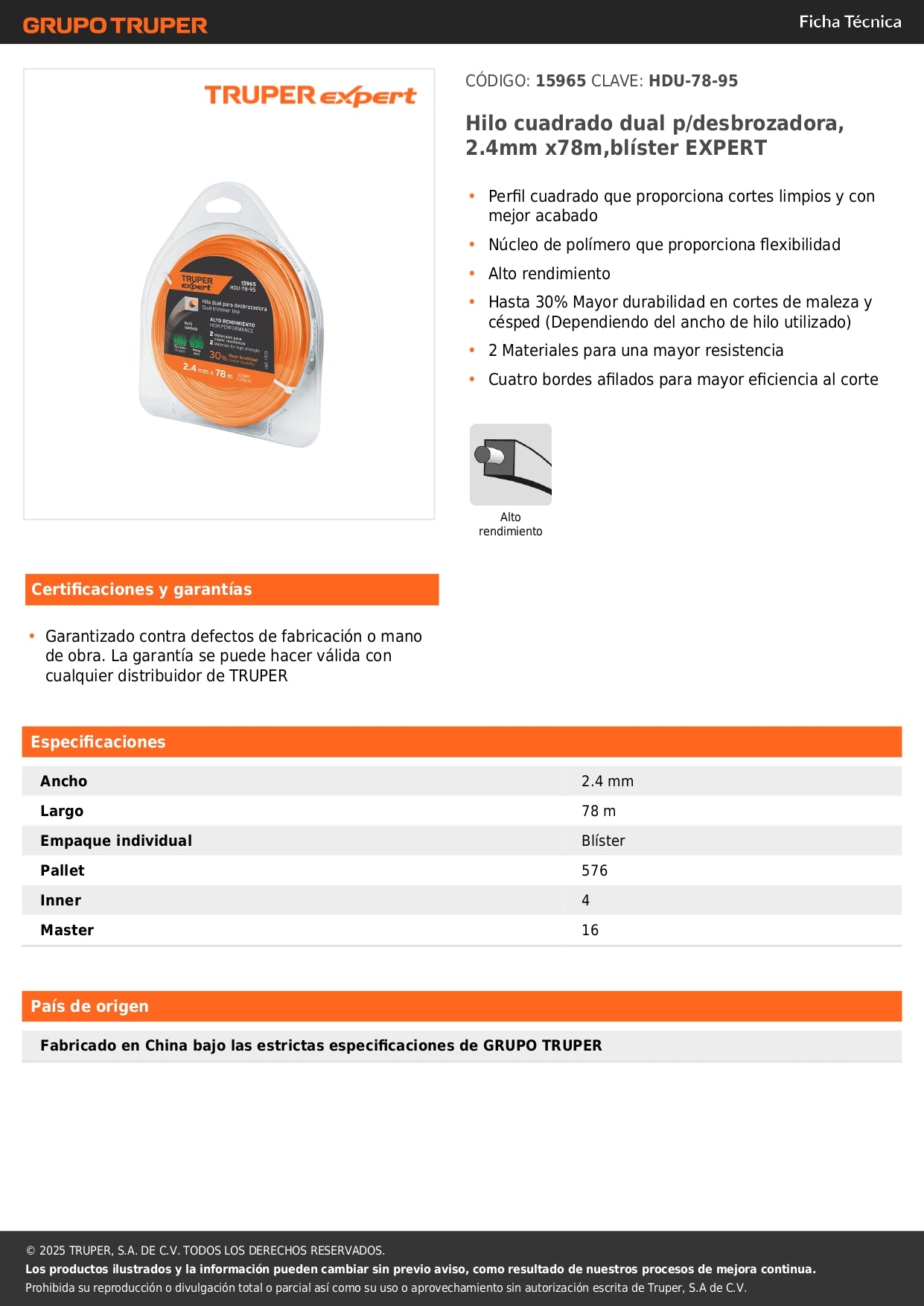 Hilo cuadrado dual p/desbrozadora, 2.4mm x78m,blíster EXPERT