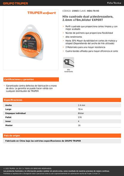 Hilo cuadrado dual p/desbrozadora, 2.4mm x78m,blíster EXPERT