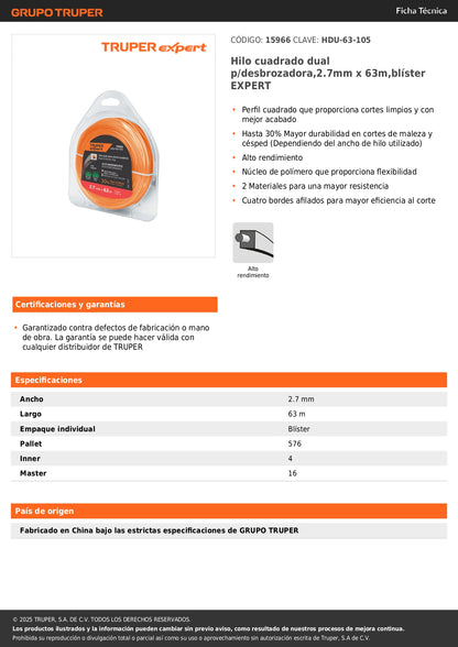Hilo cuadrado dual p/desbrozadora,2.7mm x 63m,blíster EXPERT