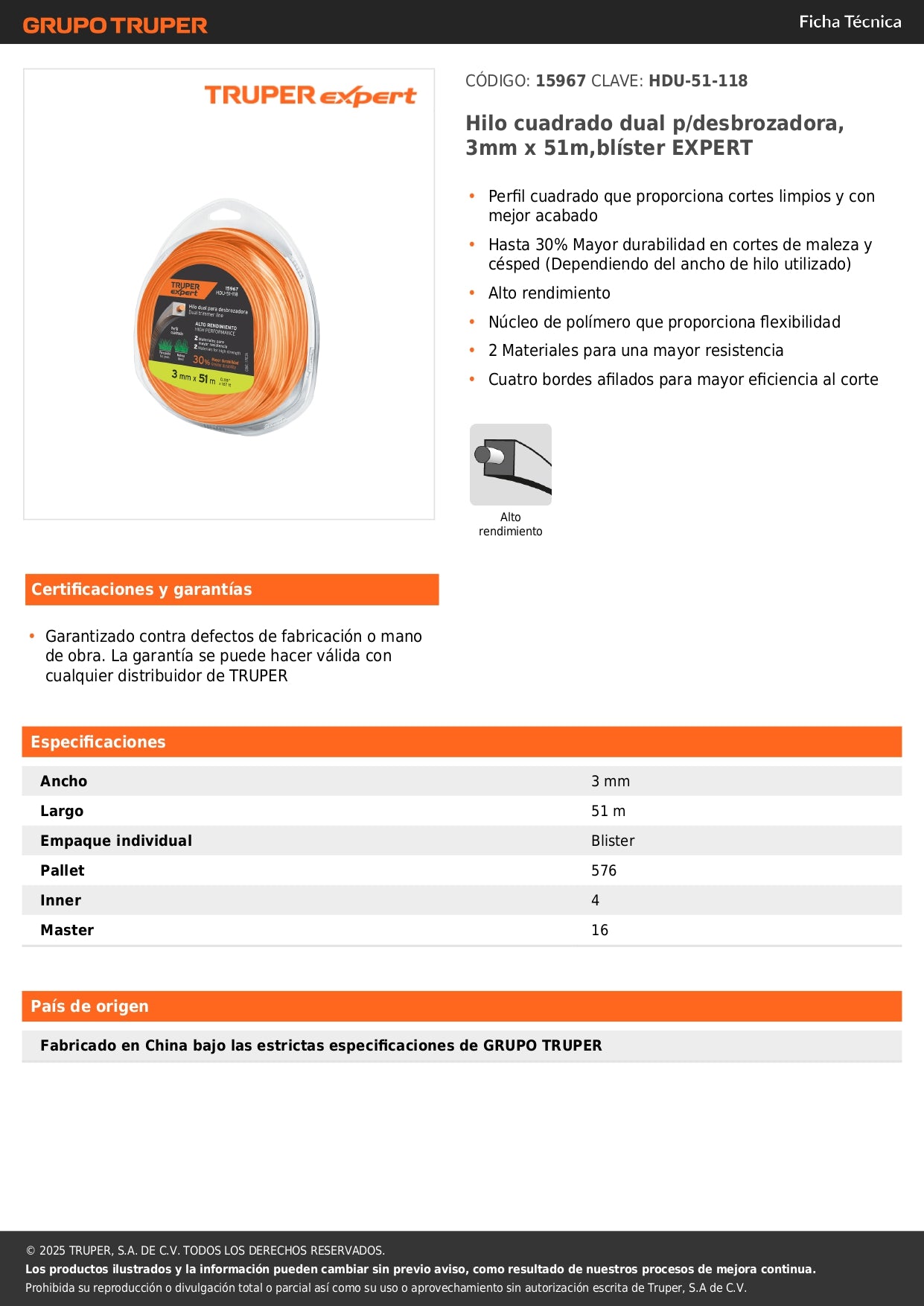 Hilo cuadrado dual p/desbrozadora, 3mm x 51m,blíster EXPERT