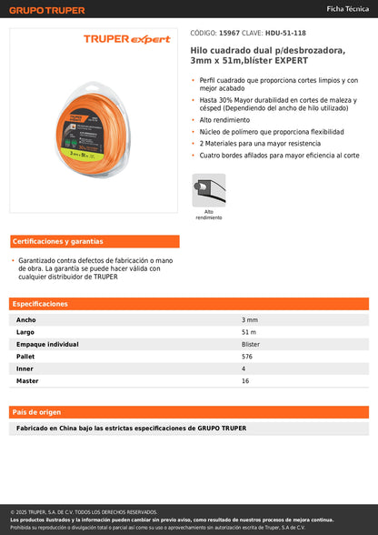 Hilo cuadrado dual p/desbrozadora, 3mm x 51m,blíster EXPERT
