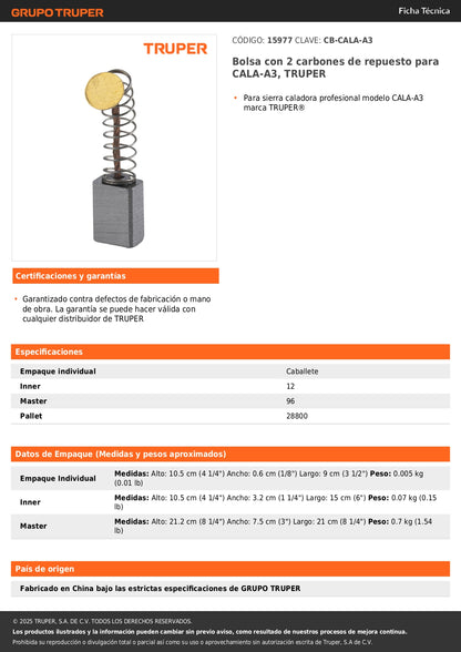 Bolsa con 2 carbones de repuesto para CALA-A3, TRUPER