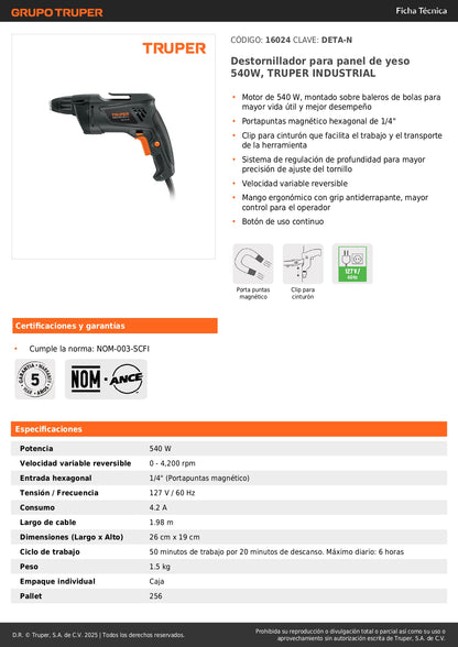 Destornillador para panel de yeso 540W, TRUPER INDUSTRIAL