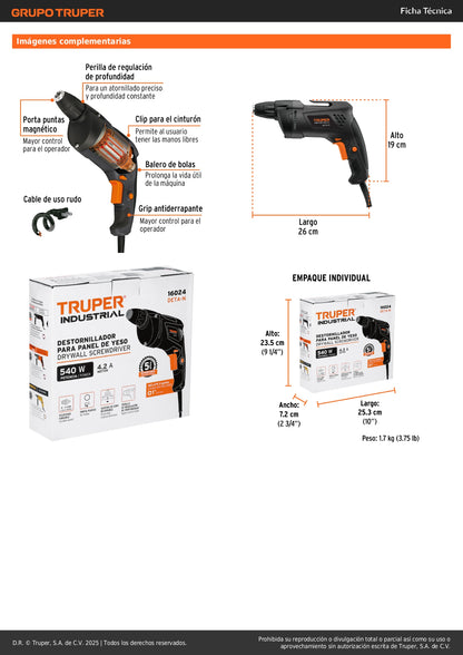 Destornillador para panel de yeso 540W, TRUPER INDUSTRIAL