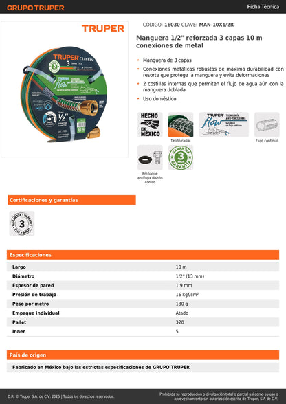 Manguera Reforzada 1/2" x 10m Truper - 3 Capas Anti-Dobleces con Conexiones Metálicas - Solución Profesional para Riego Doméstico