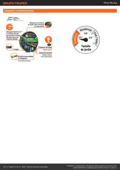 Manguera Reforzada 1/2" x 10m Truper - 3 Capas Anti-Dobleces con Conexiones Metálicas - Solución Profesional para Riego Doméstico
