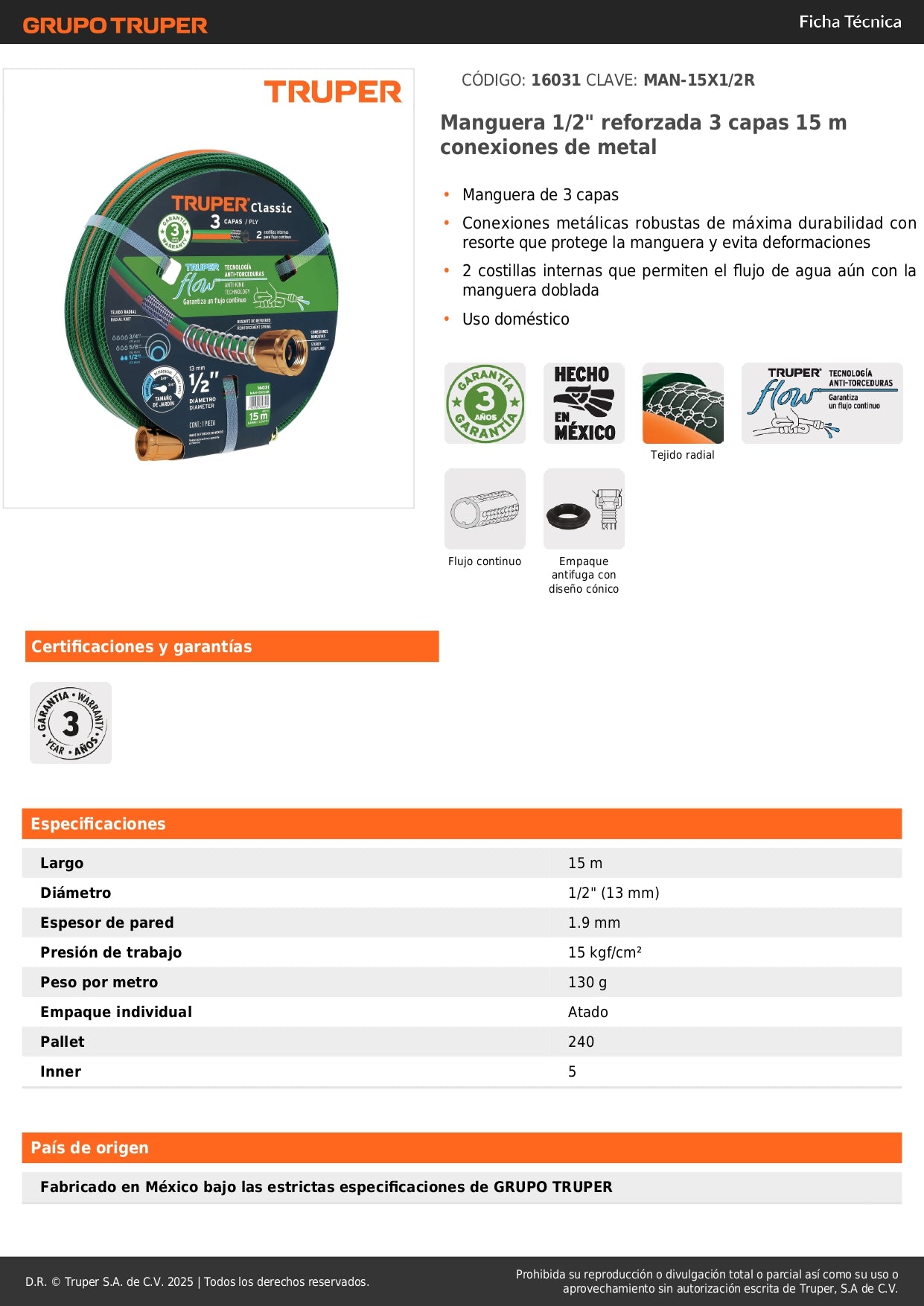 Manguera Reforzada 15m 1/2 Pulgada 3 Capas Conexiones Metálicas - Solución Anti-Dobleces para Riego Doméstico MAN-15X1/2R