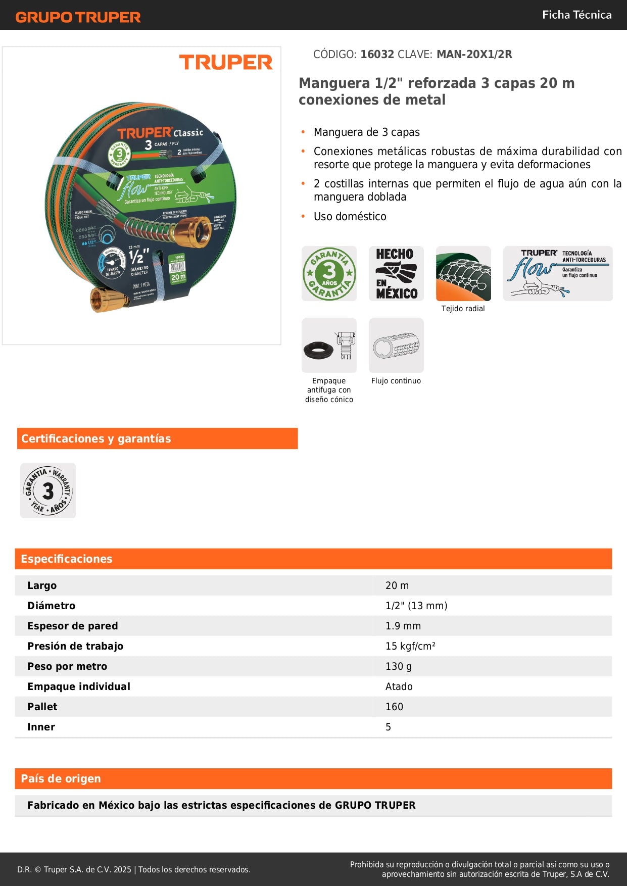 Manguera Reforzada 1/2" x 20m Truper MAN-20X1/2R - 3 Capas Anti-Dobleces con Conexiones Metálicas - Solución Profesional para Riego Doméstico