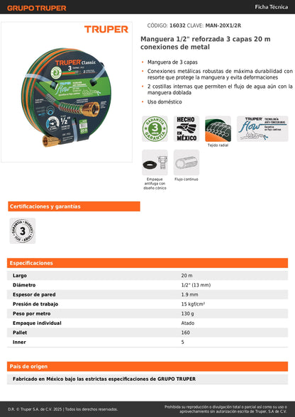 Manguera Reforzada 1/2" x 20m Truper MAN-20X1/2R - 3 Capas Anti-Dobleces con Conexiones Metálicas - Solución Profesional para Riego Doméstico