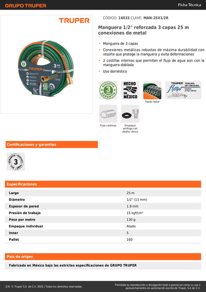 Manguera Reforzada 1/2" x 25m Truper MAN-25X1/2R - 3 Capas con Conexiones Metálicas Anti-Deformación para Riego Doméstico
