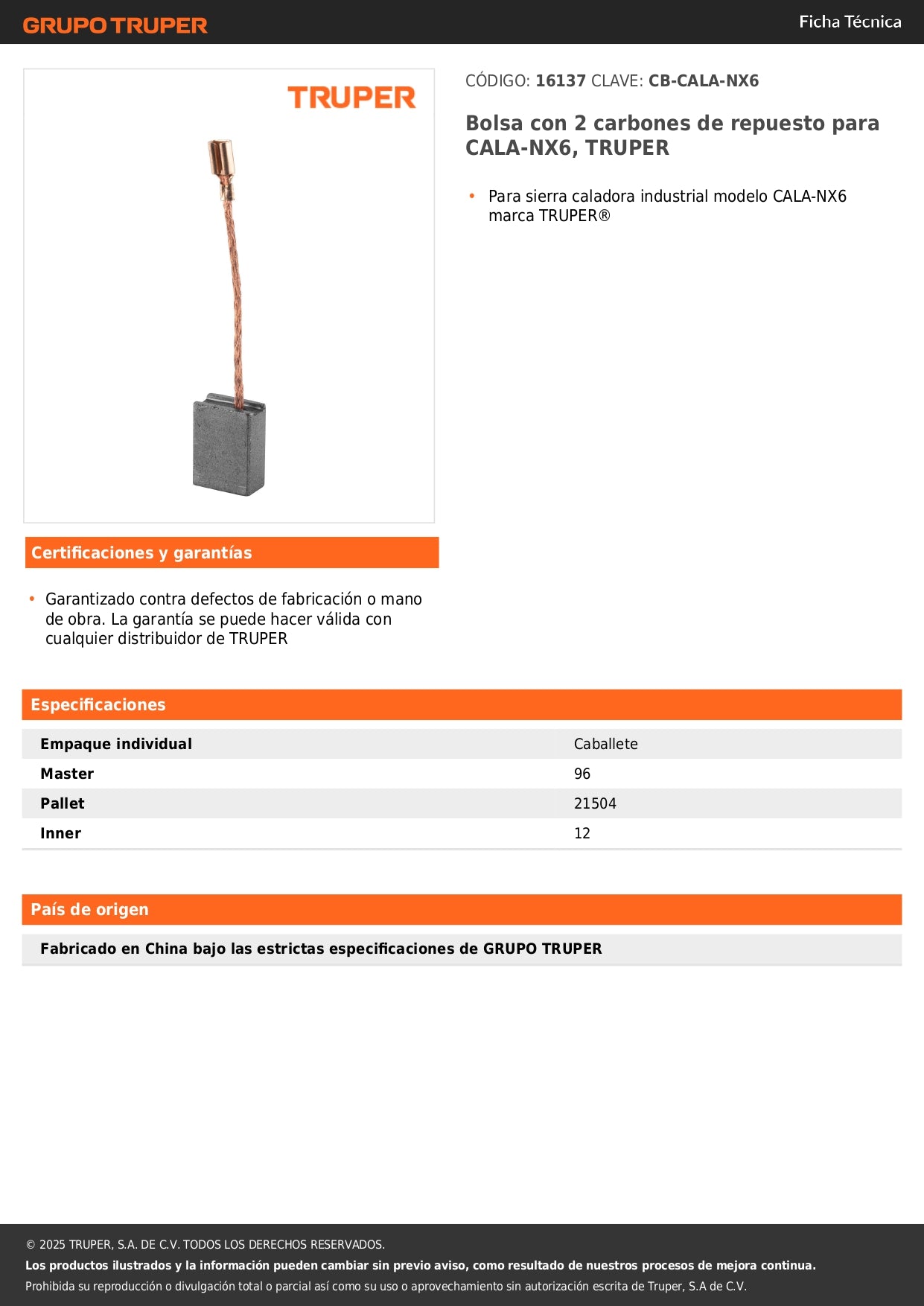 Bolsa con 2 carbones de repuesto para CALA-NX6, TRUPER