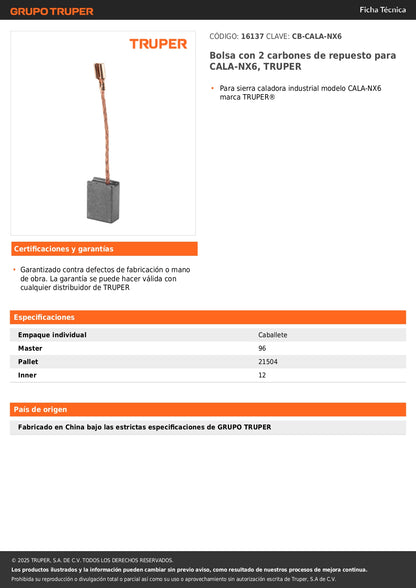 Bolsa con 2 carbones de repuesto para CALA-NX6, TRUPER