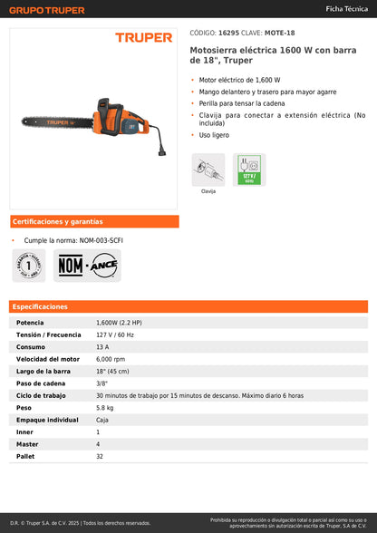 Motosierra Eléctrica TRUPER 1600W 18 Pulgadas - Corte Profesional Sin Gasolina para Poda y Tala Doméstica MOTE-18