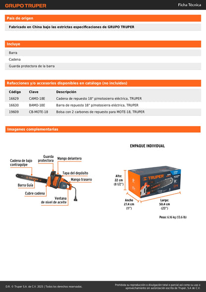 Motosierra Eléctrica TRUPER 1600W 18 Pulgadas - Corte Profesional Sin Gasolina para Poda y Tala Doméstica MOTE-18