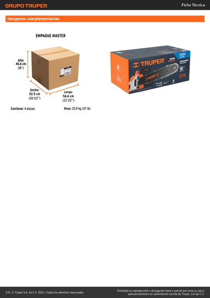 Motosierra Eléctrica TRUPER 1600W 18 Pulgadas - Corte Profesional Sin Gasolina para Poda y Tala Doméstica MOTE-18