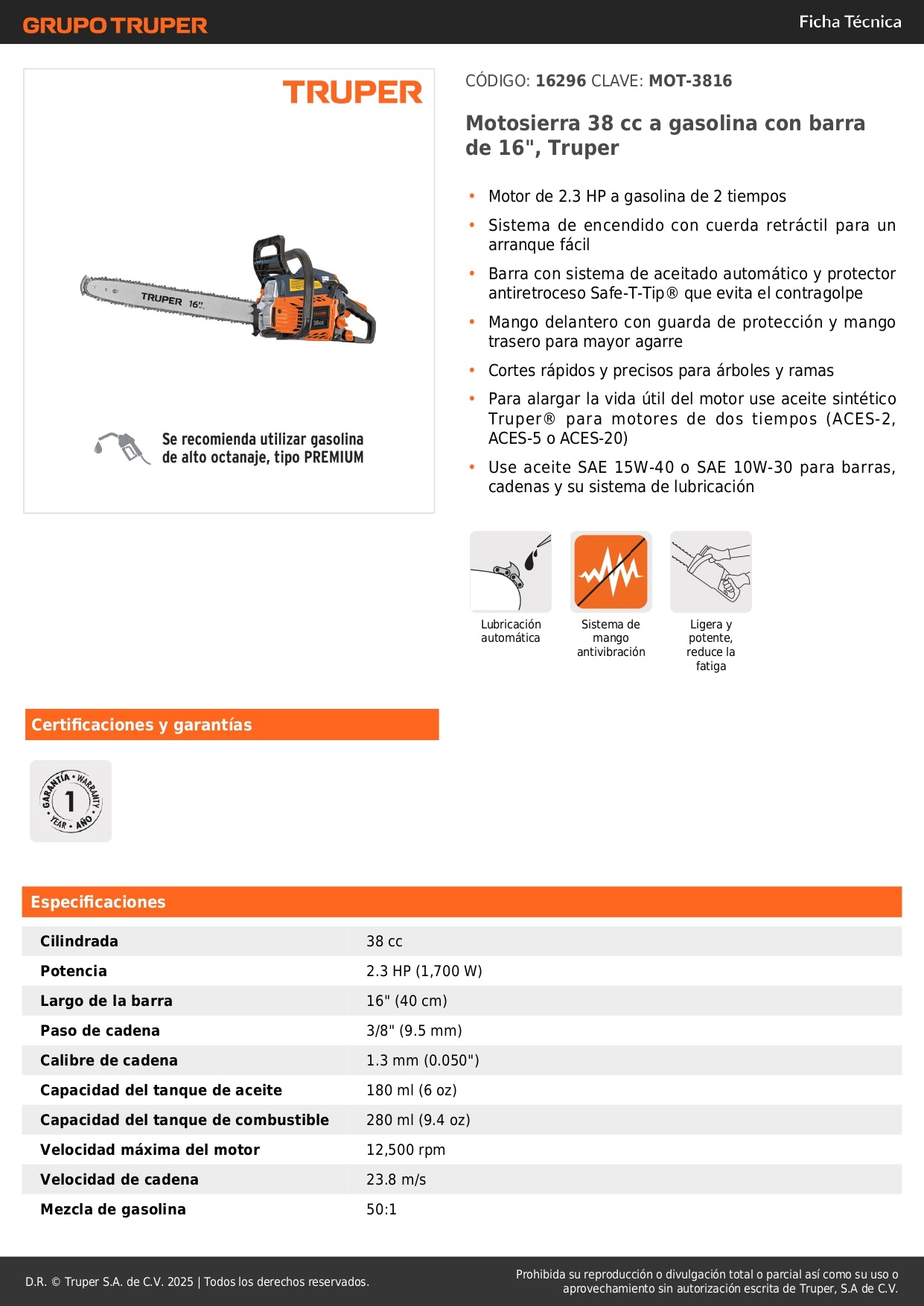Motosierra Truper 38cc Gasolina 16" - Motor 2.3HP Arranque Fácil - Corte Profesional Árboles y Ramas - Sistema Antiretroceso Safe-T-Tip - MOT-3816
