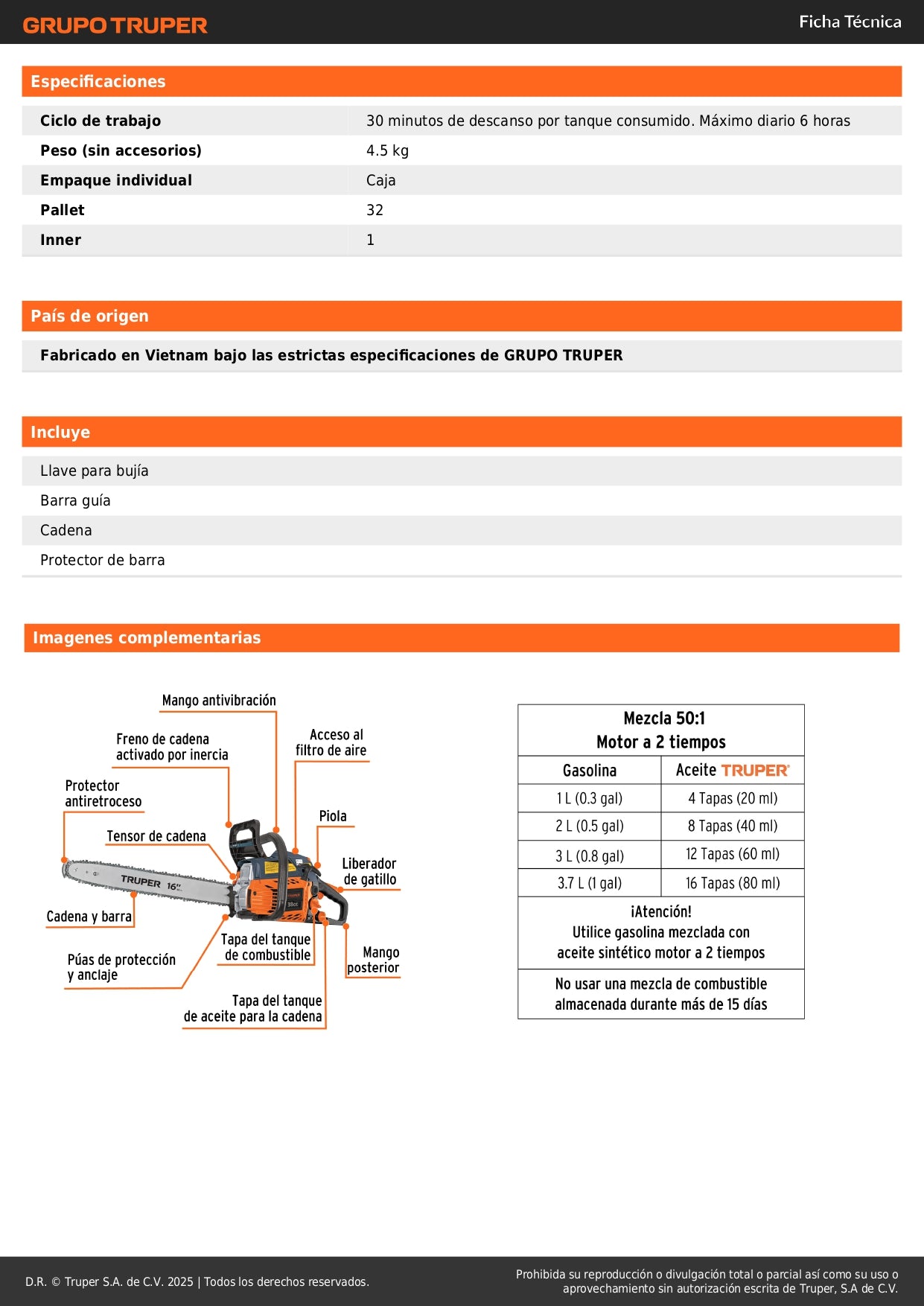 Motosierra Truper 38cc Gasolina 16" - Motor 2.3HP Arranque Fácil - Corte Profesional Árboles y Ramas - Sistema Antiretroceso Safe-T-Tip - MOT-3816