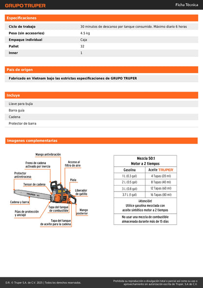 Motosierra Truper 38cc Gasolina 16" - Motor 2.3HP Arranque Fácil - Corte Profesional Árboles y Ramas - Sistema Antiretroceso Safe-T-Tip - MOT-3816