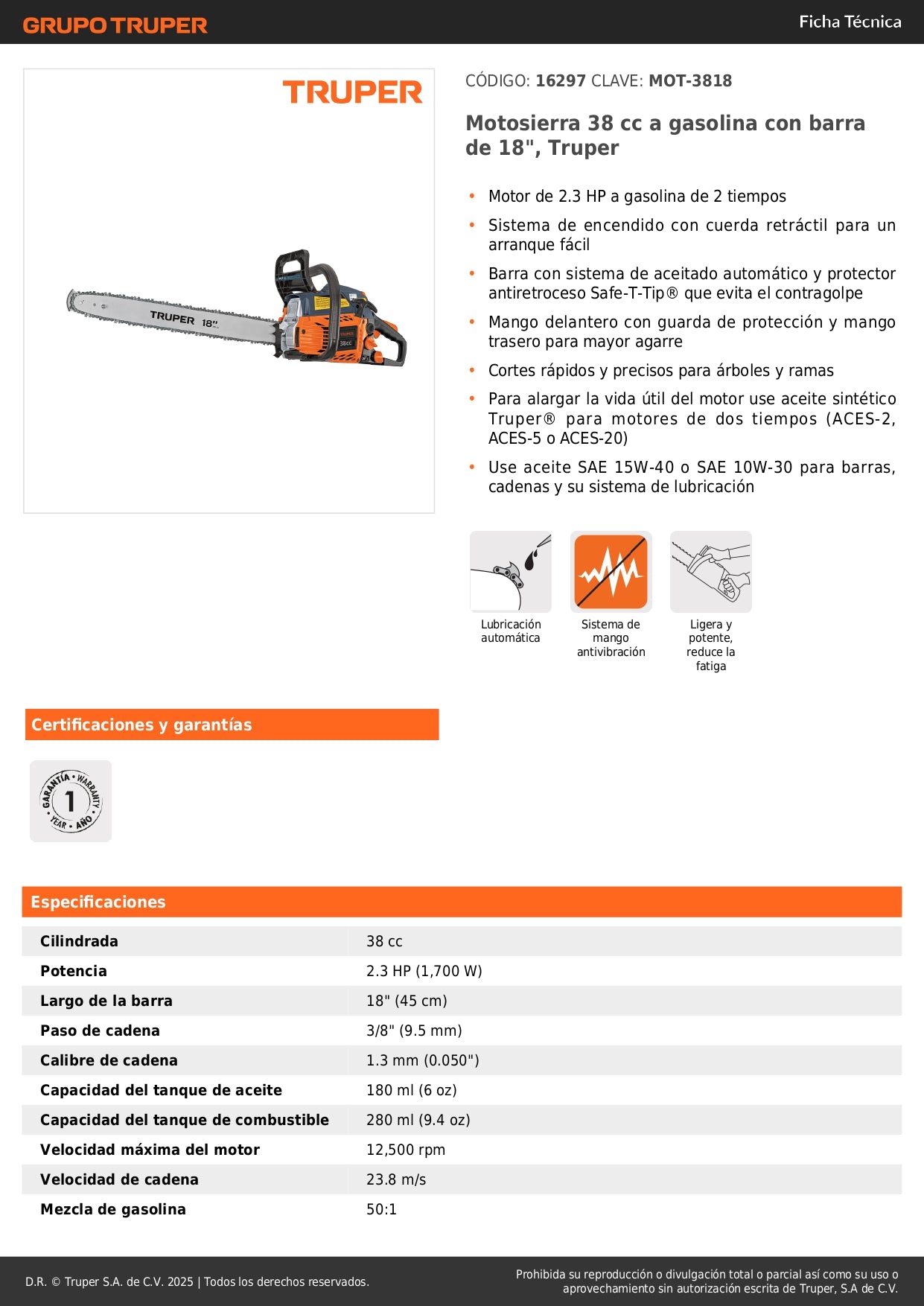Motosierra Truper 38cc Gasolina 18" - Motor 2.3HP Arranque Fácil - Corte Profesional Árboles y Ramas - Sistema Antiretroceso Safe-T-Tip - MOT-3818