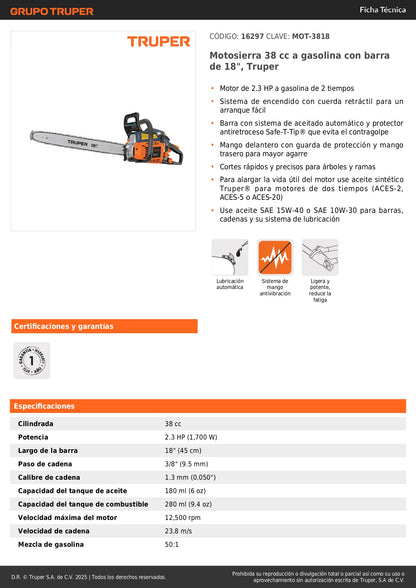 Motosierra Truper 38cc Gasolina 18" - Motor 2.3HP Arranque Fácil - Corte Profesional Árboles y Ramas - Sistema Antiretroceso Safe-T-Tip - MOT-3818