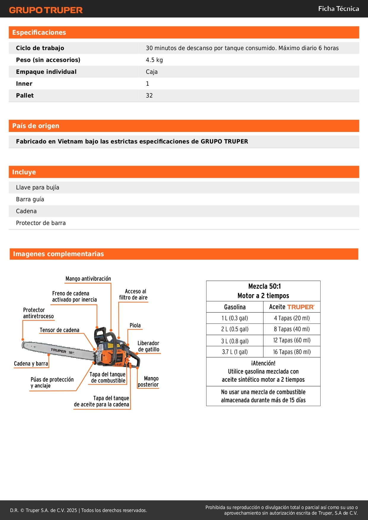 Motosierra Truper 38cc Gasolina 18" - Motor 2.3HP Arranque Fácil - Corte Profesional Árboles y Ramas - Sistema Antiretroceso Safe-T-Tip - MOT-3818