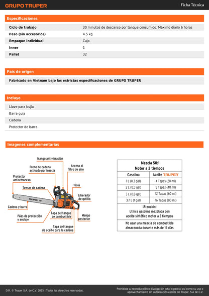 Motosierra Truper 38cc Gasolina 18" - Motor 2.3HP Arranque Fácil - Corte Profesional Árboles y Ramas - Sistema Antiretroceso Safe-T-Tip - MOT-3818