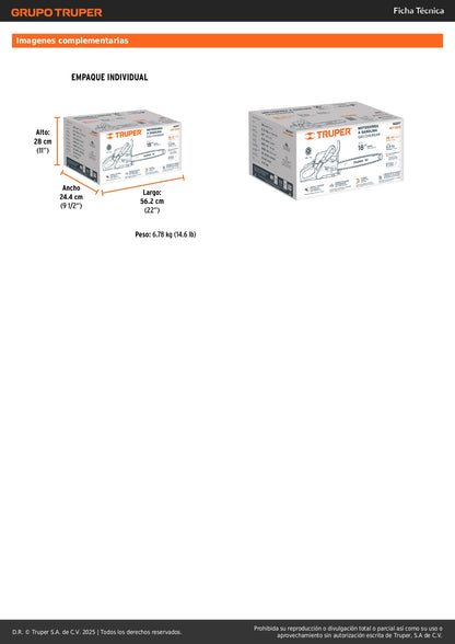 Motosierra Truper 38cc Gasolina 18" - Motor 2.3HP Arranque Fácil - Corte Profesional Árboles y Ramas - Sistema Antiretroceso Safe-T-Tip - MOT-3818
