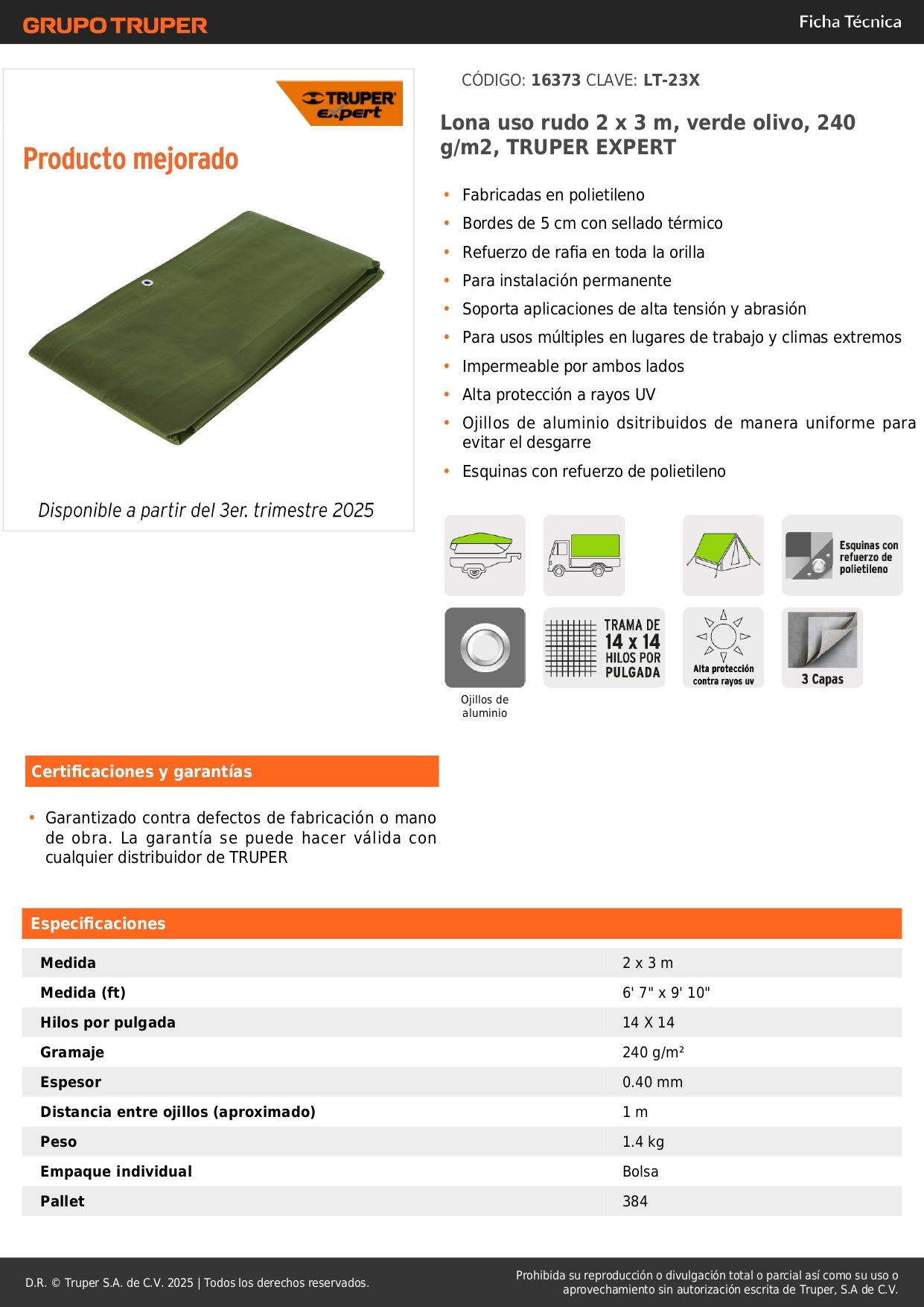 Lona Impermeable Uso Rudo 2x3m Verde Olivo TRUPER EXPERT - Solución Profesional Contra Intemperie y Protección UV - Polietileno 240g/m² con Refuerzo Anti-Desgarre
