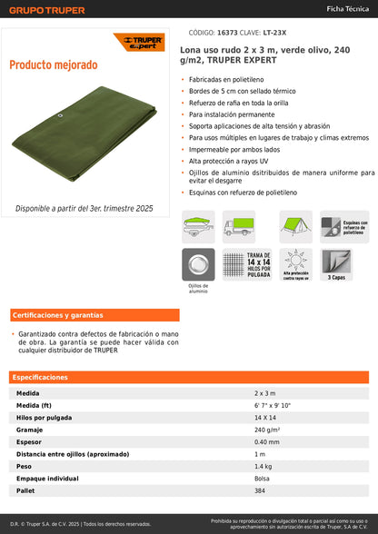 Lona Impermeable Uso Rudo 2x3m Verde Olivo TRUPER EXPERT - Solución Profesional Contra Intemperie y Protección UV - Polietileno 240g/m² con Refuerzo Anti-Desgarre