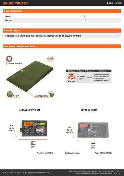 Lona Impermeable Uso Rudo 2x3m Verde Olivo TRUPER EXPERT - Solución Profesional Contra Intemperie y Protección UV - Polietileno 240g/m² con Refuerzo Anti-Desgarre