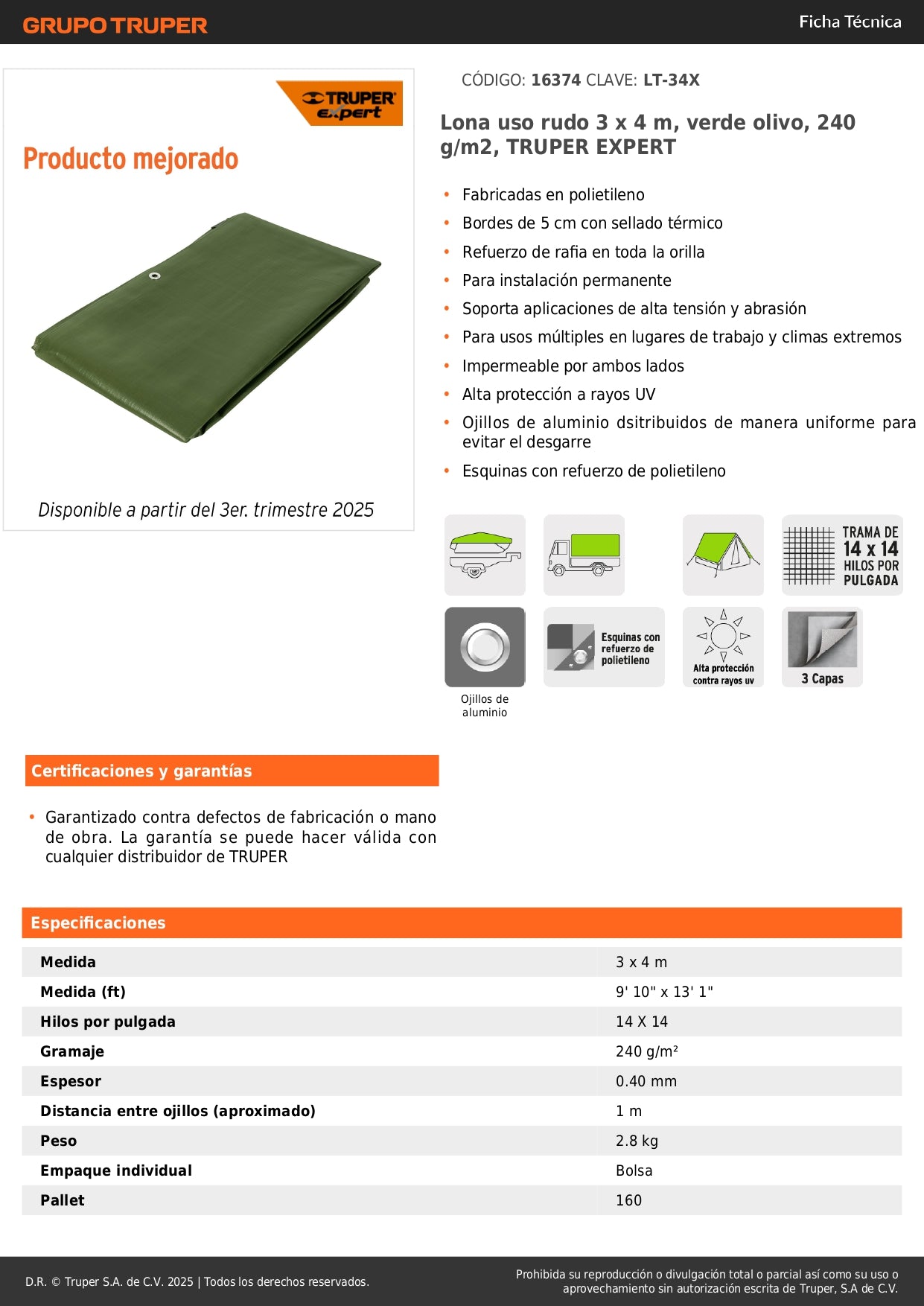 Lona Impermeable Uso Rudo 3x4m Verde Olivo TRUPER EXPERT - Protección UV Reforzada para Construcción y Exteriores