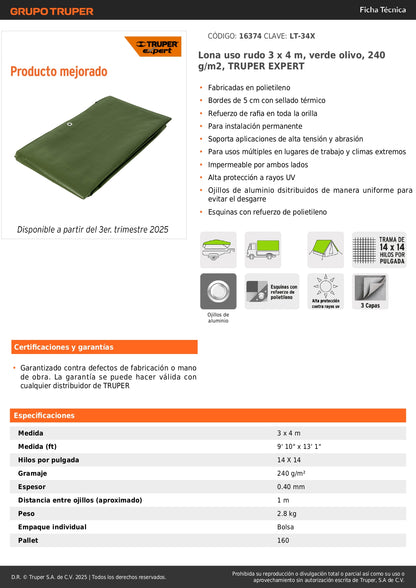Lona Impermeable Uso Rudo 3x4m Verde Olivo TRUPER EXPERT - Protección UV Reforzada para Construcción y Exteriores