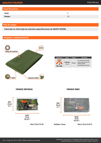 Lona Impermeable Uso Rudo 3x4m Verde Olivo TRUPER EXPERT - Protección UV Reforzada para Construcción y Exteriores