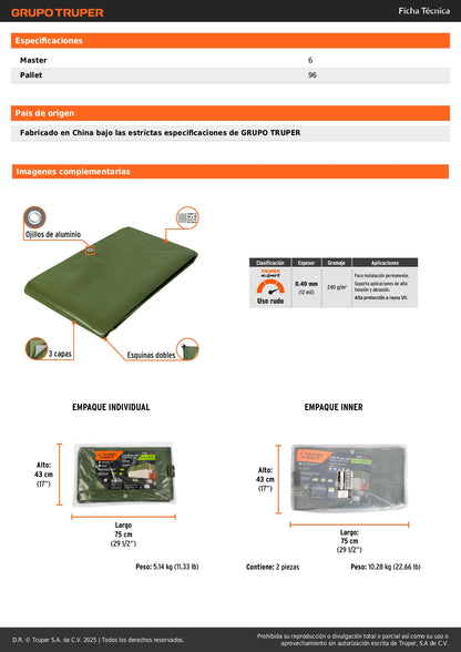Lona Uso Rudo 4x5m Verde Olivo TRUPER EXPERT LT-45X - Protección Impermeable UV para Construcción y Climas Extremos