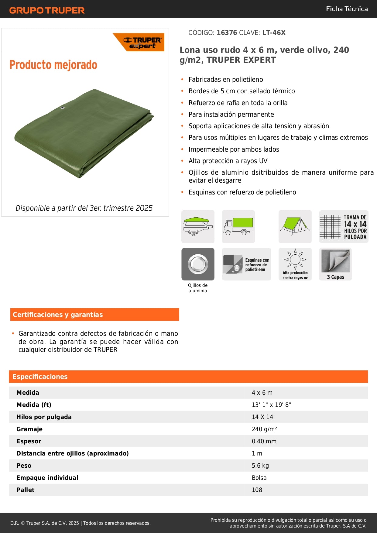 Lona Uso Rudo 4x6m Verde Olivo TRUPER EXPERT - Protección Impermeable UV Resistente para Trabajo Extremo