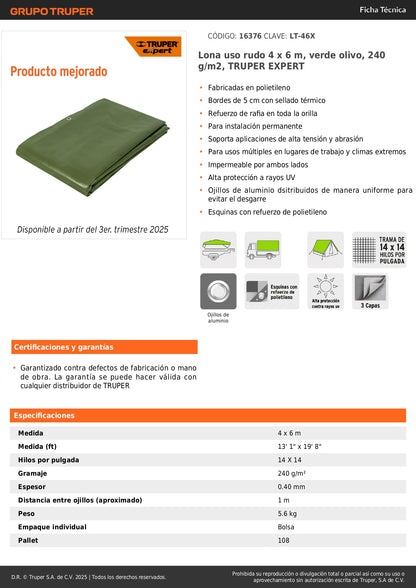 Lona Uso Rudo 4x6m Verde Olivo TRUPER EXPERT - Protección Impermeable UV Resistente para Trabajo Extremo