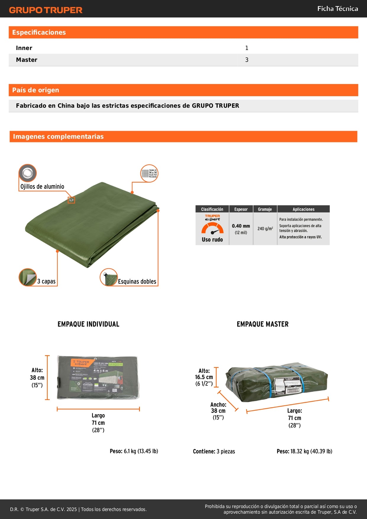 Lona Uso Rudo 4x6m Verde Olivo TRUPER EXPERT - Protección Impermeable UV Resistente para Trabajo Extremo