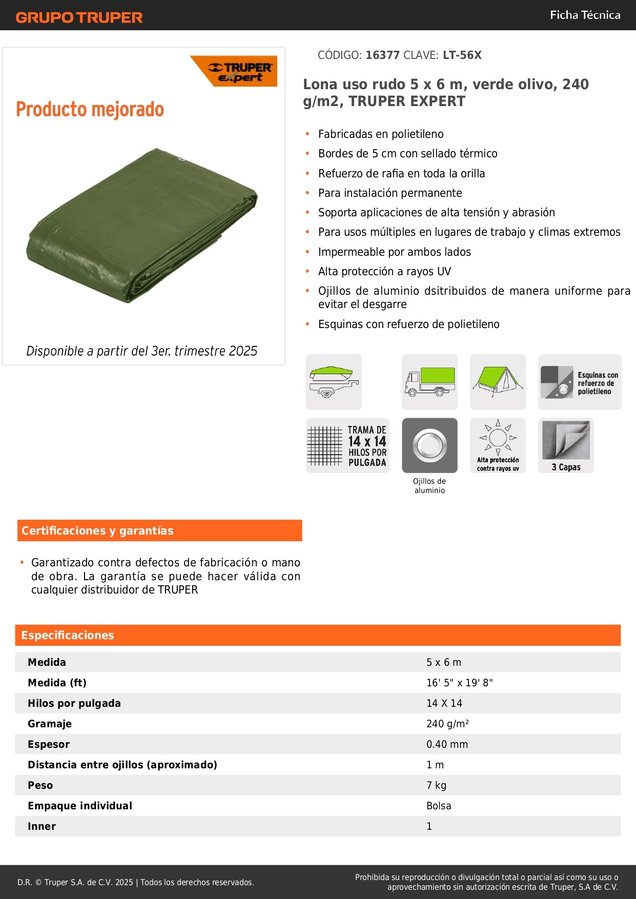 Lona Impermeable Uso Rudo 5x6m Verde Olivo TRUPER EXPERT - Protección UV Resistente Intemperie