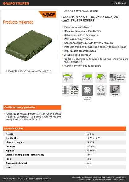 Lona Impermeable Uso Rudo 5x6m Verde Olivo TRUPER EXPERT - Protección UV Resistente Intemperie