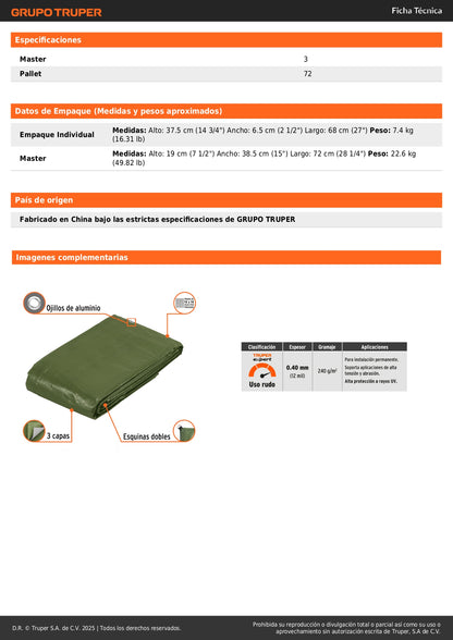 Lona Impermeable Uso Rudo 5x6m Verde Olivo TRUPER EXPERT - Protección UV Resistente Intemperie