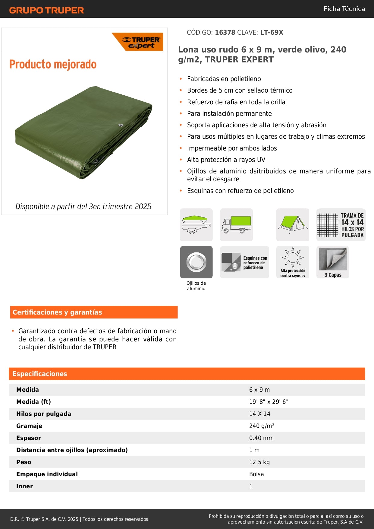 Lona Uso Rudo 6x9m Verde Olivo TRUPER EXPERT - Protección Impermeable UV Resistente para Construcción y Exteriores