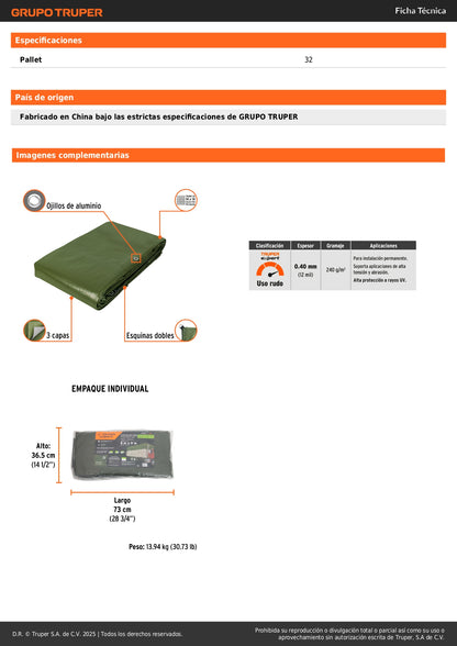 Lona Uso Rudo 6x9m Verde Olivo TRUPER EXPERT - Protección Impermeable UV Resistente para Construcción y Exteriores